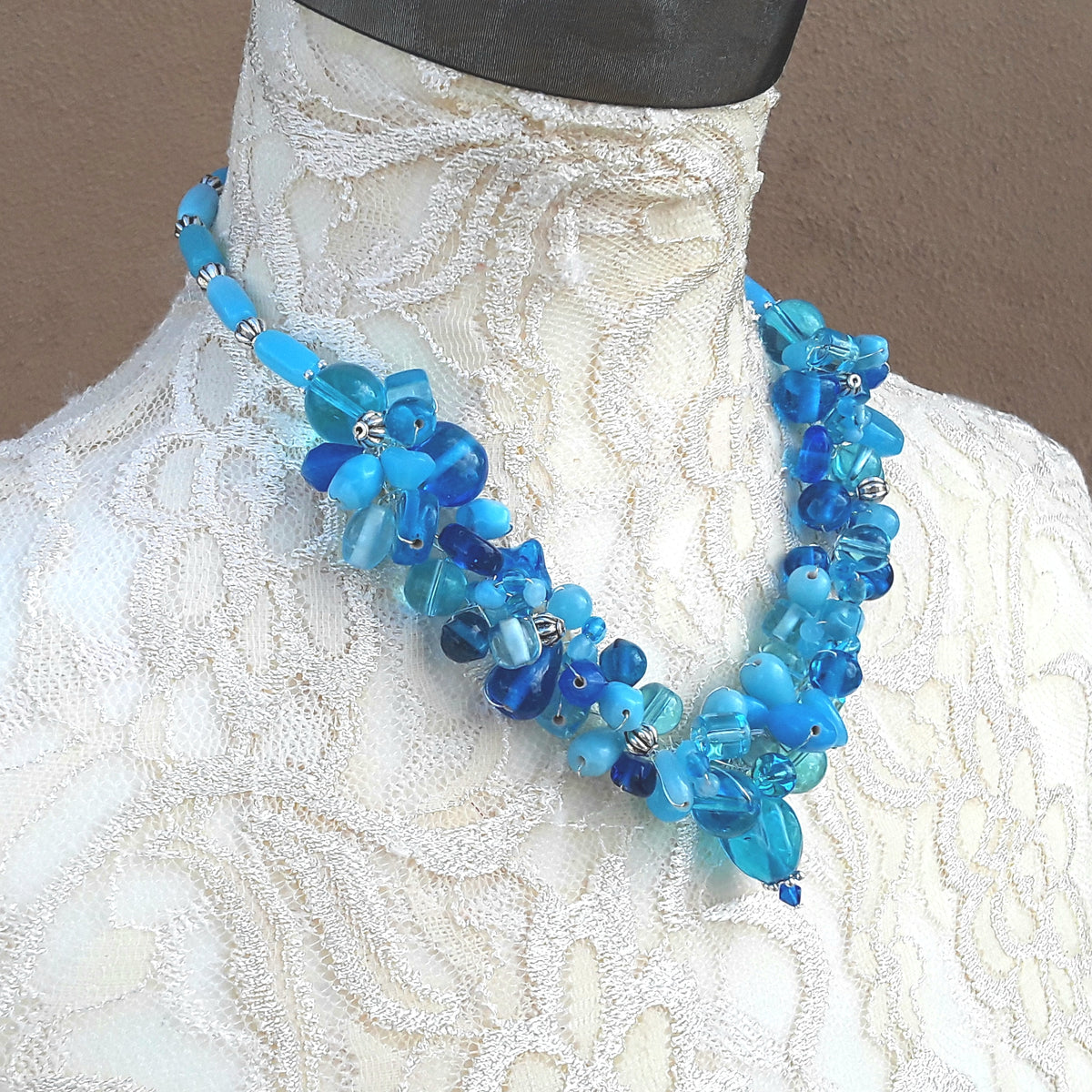 Sky Blue Designer Inspired Unique Statement Cluster Necklace - Chunky Colorful Gift for Her