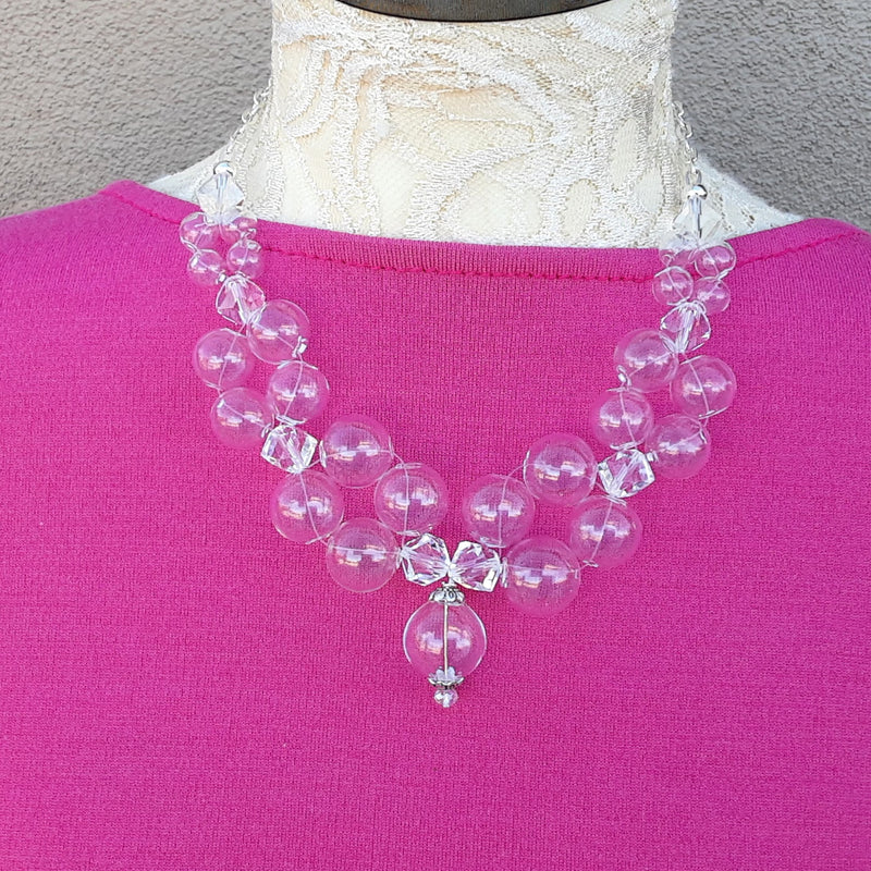 Clear Hand Blown Glass & Crystal Bubble Statement Necklace - Unique Bridal Collar - Gift for Her