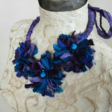Boho Purple Flower Ribbon Statement Necklace, Recycled Sari Silk Bib, OOAK Statement Necklace