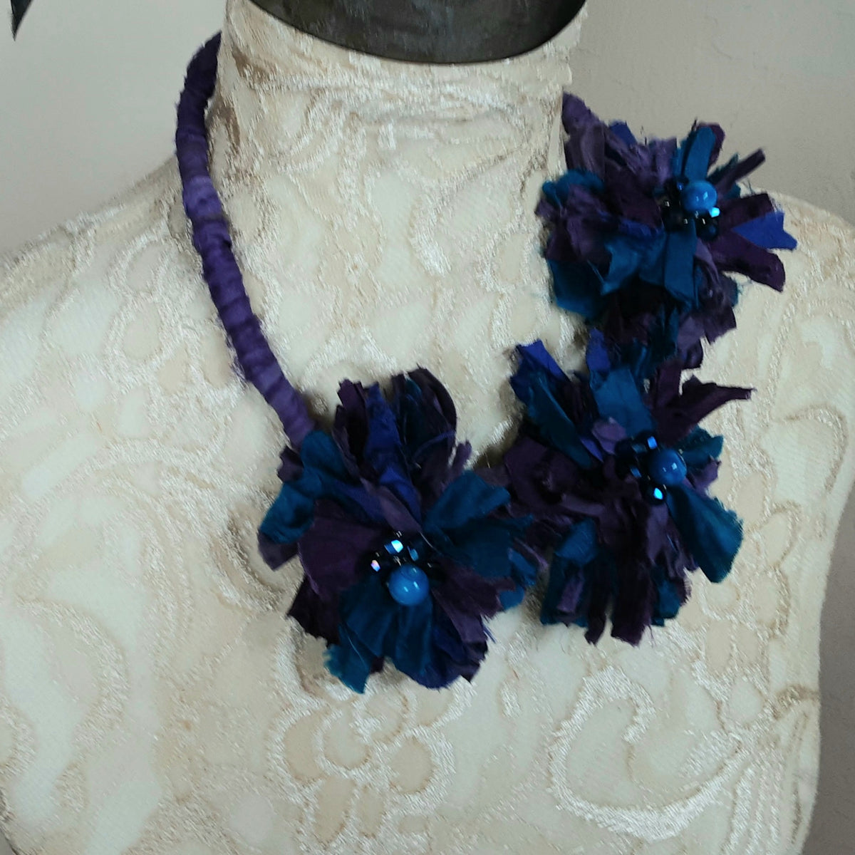 Boho Silver Flower Ribbon Necklace, Big Floral Pendant, Vegan