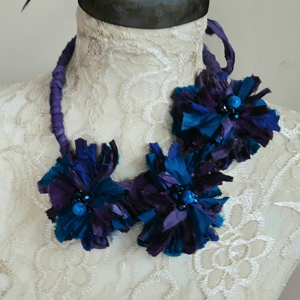 Boho Purple Flower Ribbon Statement Necklace, Recycled Sari Silk Bib, OOAK Statement Necklace