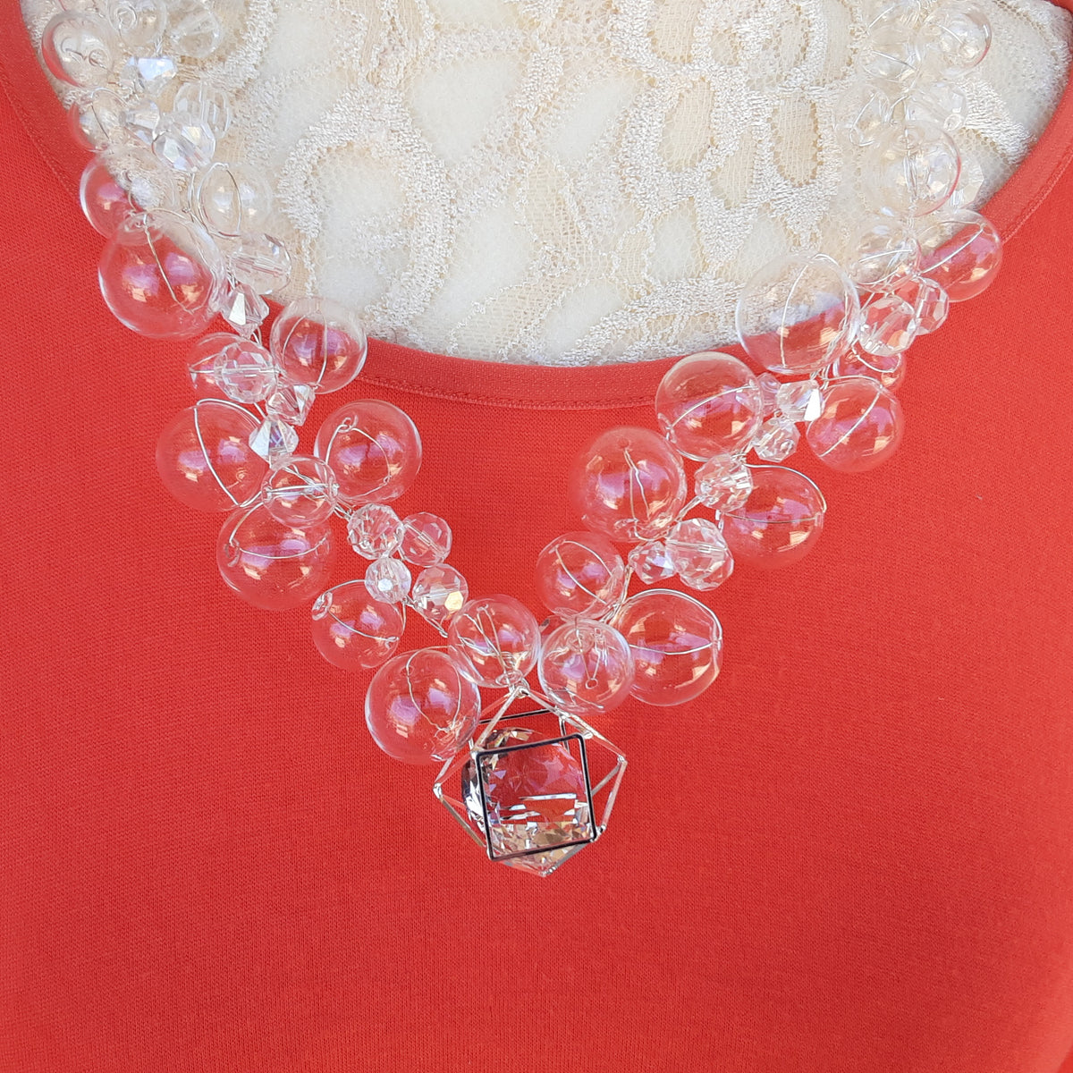 Clear Hand Blown Glass & Crystal Pendant Bridal Statement Necklace in Gold or Silver