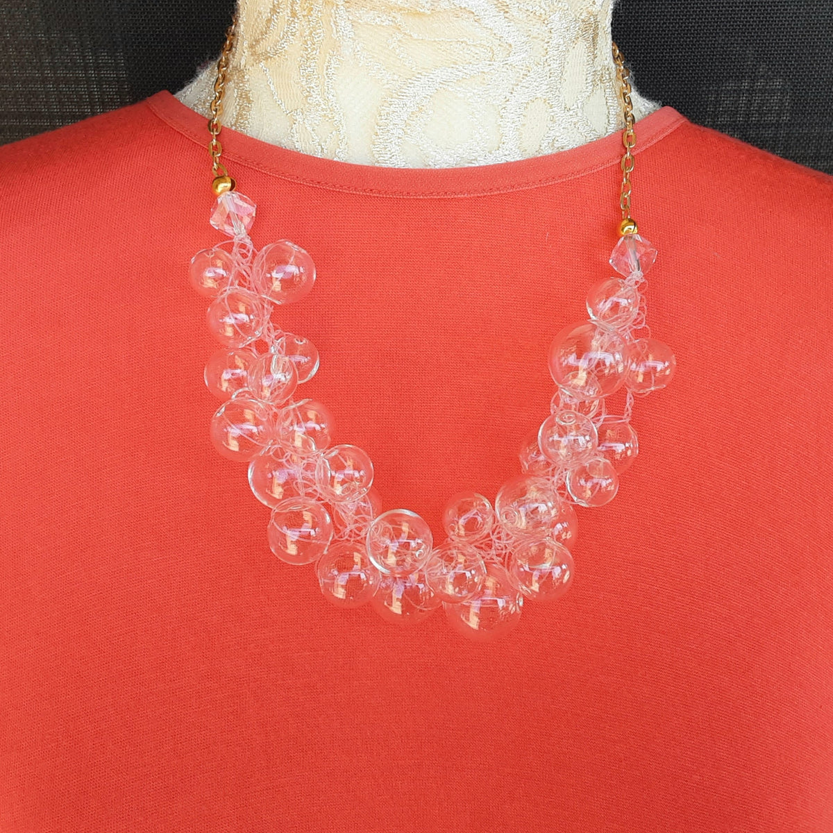 Clear Hand Blown All Glass Bubble Statement Necklace - Crocheted Gift for Her - Designer Inspired