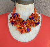 Boho Burnt Orange Orange Sari Silk Ribbon Flower Statement Necklace - Gypsy Style Fabric Jewelry Gift for Her