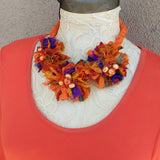 Boho Burnt Orange Orange Sari Silk Ribbon Flower Statement Necklace - Gypsy Style Fabric Jewelry Gift for Her