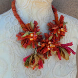 Burnt Orange Boho Silk Ribbon Flower & Tassel Statement Necklace