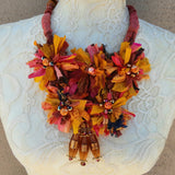 Burnt Orange Sari Ribbon Flower Statement Necklace, Festive Gypsy Style Collar, Gift for Her