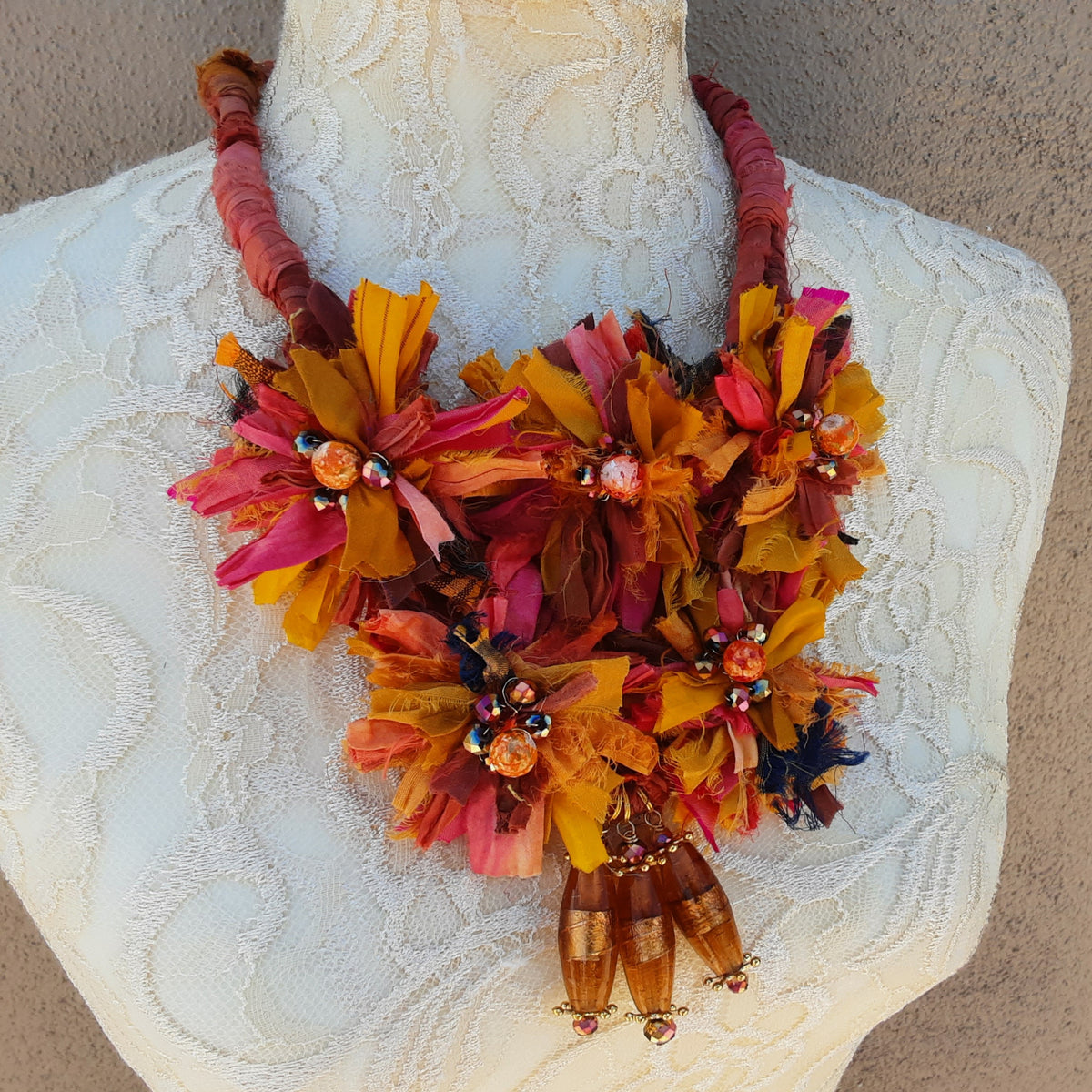 Burnt Orange Sari Ribbon Flower Statement Necklace, Festive Gypsy Style Collar, Gift for Her