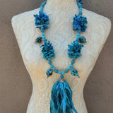 Boho Turquoise Tassel, Recycled Sari Silk Ribbon, Statement Necklace - Fabric Gift for Her