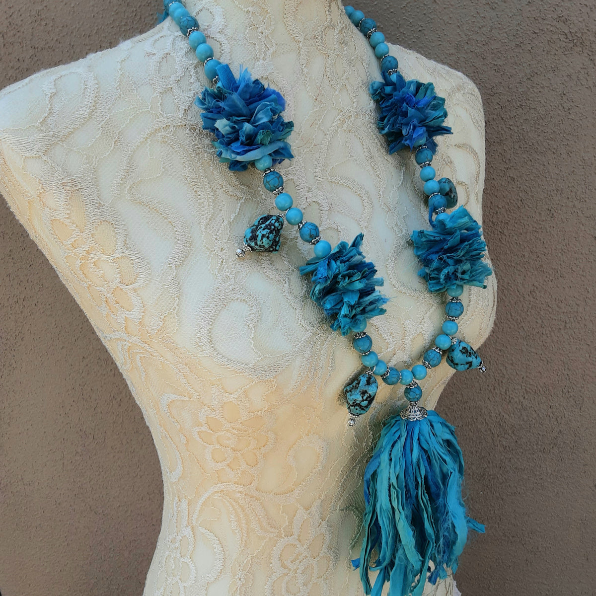 Boho Turquoise Tassel, Recycled Sari Silk Ribbon, Statement Necklace - Fabric Gift for Her