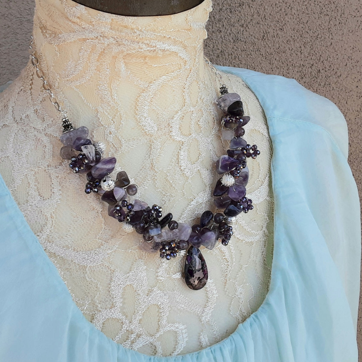 Amethyst Designer Inspired Statement Necklace - Cluster Gemstone Gift for Her