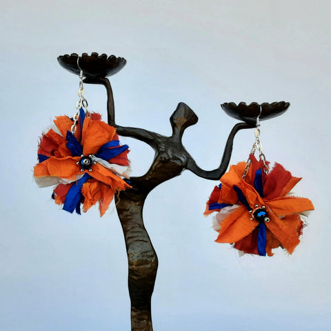 Boho Flower Statement Earrings - Burnt Orange Sari Ribbon Dangles - Unique Gift for Her