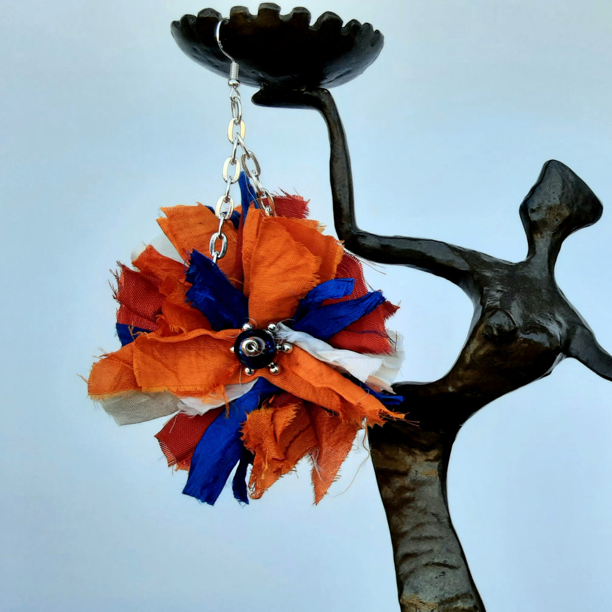 Boho Flower Statement Earrings - Burnt Orange Sari Ribbon Dangles - Unique Upcycled Gift for Her