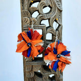 Boho Flower Statement Earrings - Burnt Orange Sari Ribbon Dangles - Unique Recycled Gift for Her