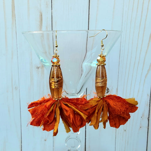 Orange Sari Silk Ribbon Tassel Dangle Statement Earrings - Fall Boho Fabric Earrings