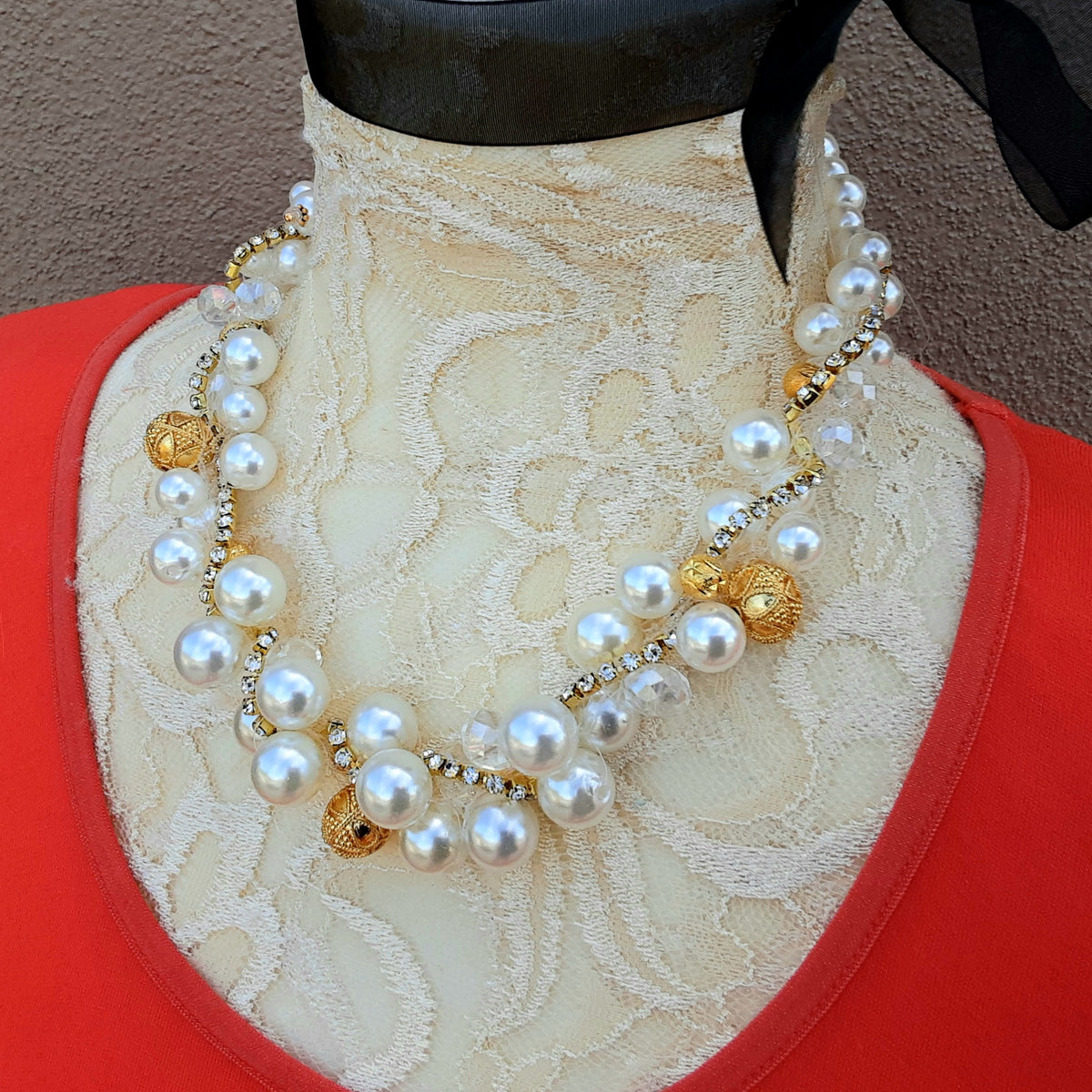Unique Designer Inspired Pearl Bridal Statement Necklace - Chunky Gold Artisan Gift for Her
