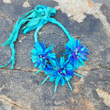 Boho Turquoise Flower Statement Necklace - Colorful Gypsy Style Gift for Her - Unique Sari Ribbon Collar