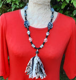 Boho Black & White Sari Tassel Statement Necklace - Beads and Fabric Holiday Gift for Her