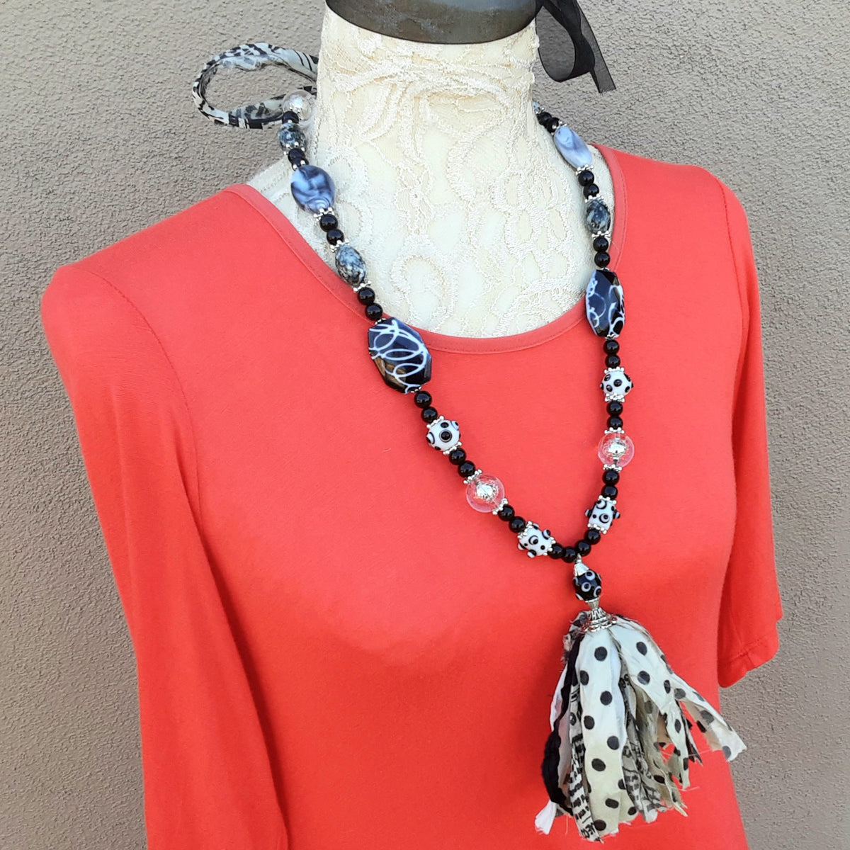 Boho Black & White Sari Tassel Statement Necklace - Beads and Fabric Holiday Gift for Her