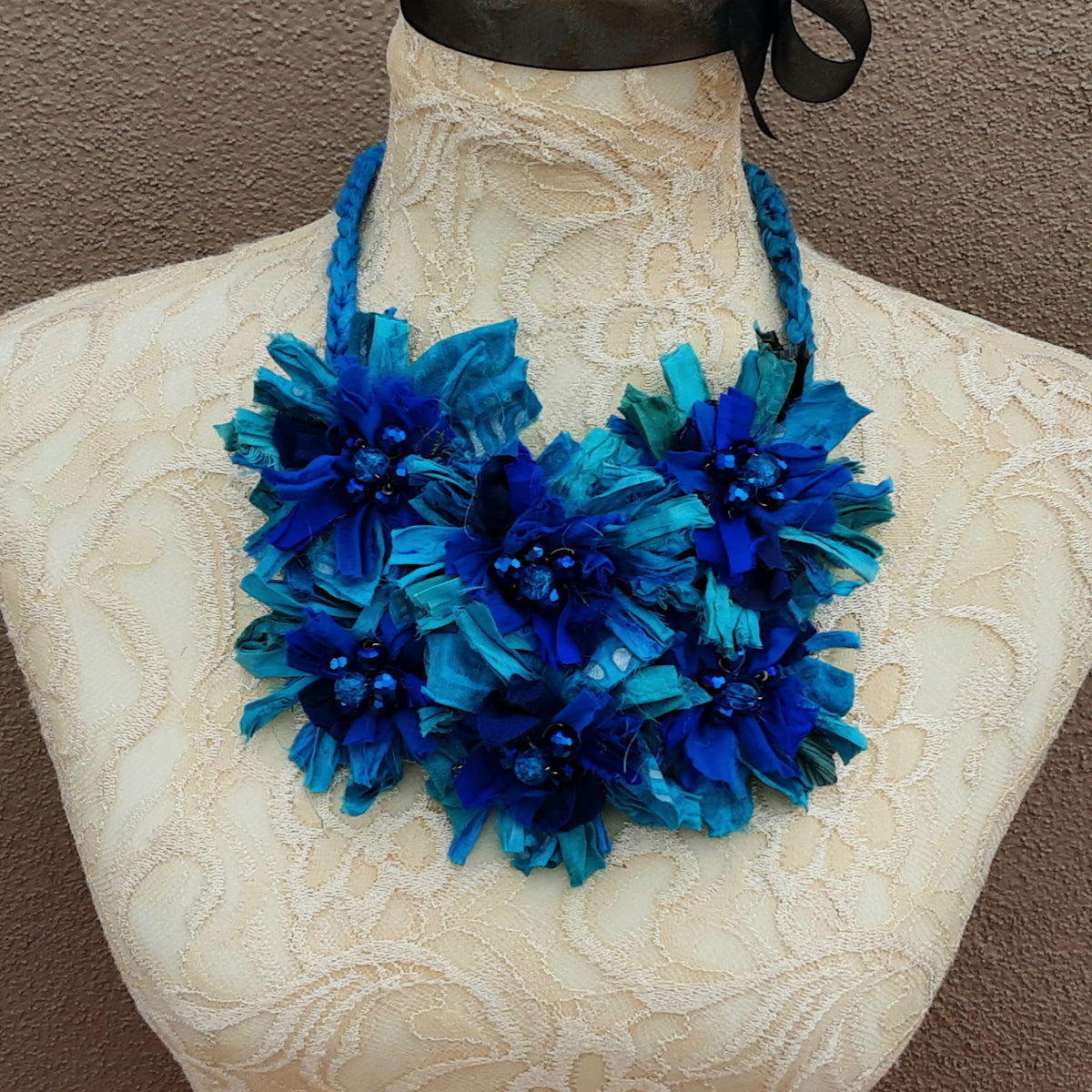 Turquoise Flower Fiber Statement Necklace, Unique Colorful Boho Sari Ribbon Collar