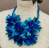 Turquoise Flower Fiber Statement Necklace, Unique Colorful Boho Sari Ribbon Collar