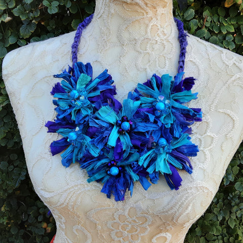 Colorful Flower Fiber Statement Necklace, Unique Purple & Turquoise Sari Ribbon Collar