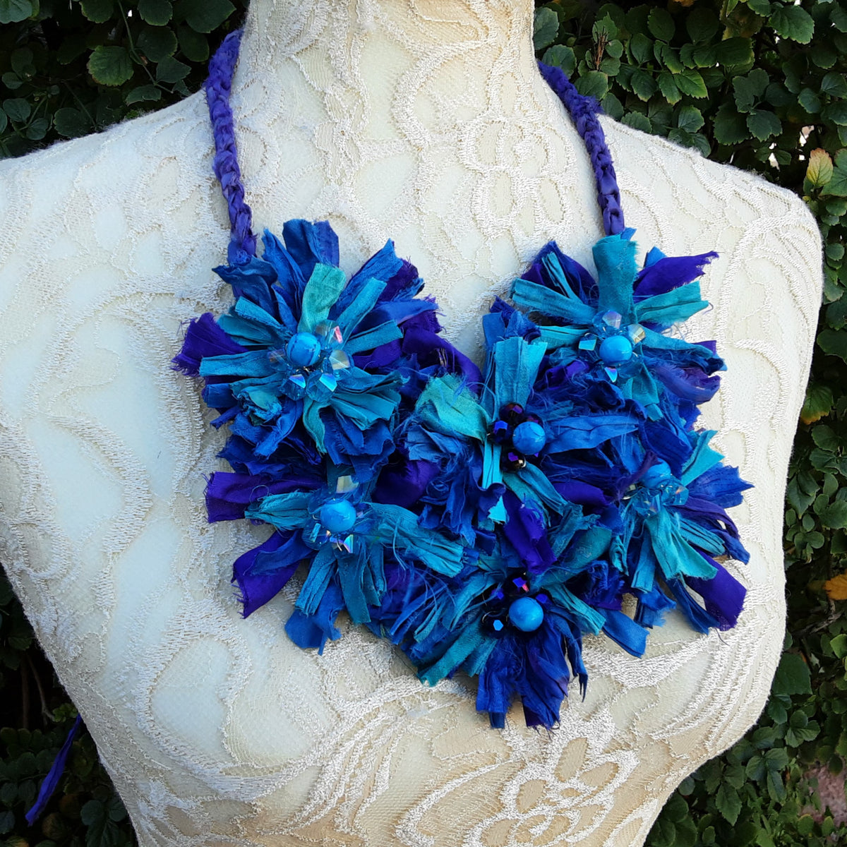 Colorful Flower Fiber Statement Necklace, Unique Purple & Turquoise Sari Ribbon Collar