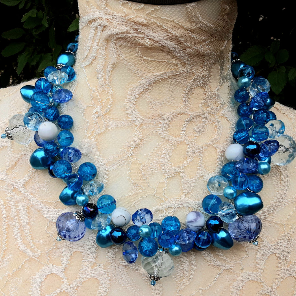 Sky Blue Designer Inspired Unique Statement Cluster Necklace - Chunky Colorful Gift for Her