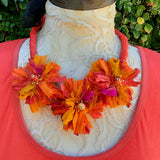 Boho Burnt Orange Flower Statement Necklace - Gypsy Style Sari Silk Ribbon Jewelry Gift for Her