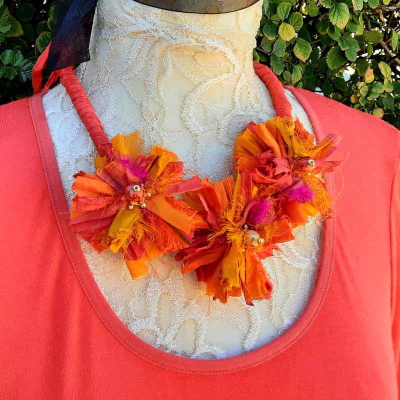 Boho Burnt Orange Flower Statement Necklace - Gypsy Style Sari Silk Ribbon Jewelry Gift for Her