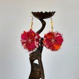 Colorful Sari Silk Ribbon Dangle Flower Statement Earrings - Boho Fabric Earrings