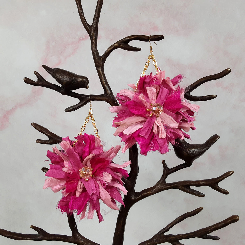 Pink Sari Flower Statement Dangles - Boho Fabric Earrings - Unique Gift for Her