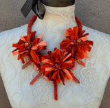 Boho Orange Sari Ribbon Flower Statement Necklace - Gypsy Style Fabric Gift for Her
