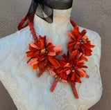 Boho Orange Sari Ribbon Flower Statement Necklace - Gypsy Style Fabric Gift for Her