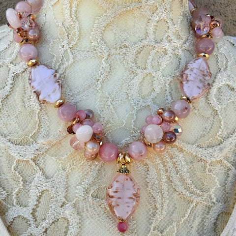 Rose Quartz Statement Necklace - Murano Glass Gift for Her - Perfect Mother of the Bride Jewelry