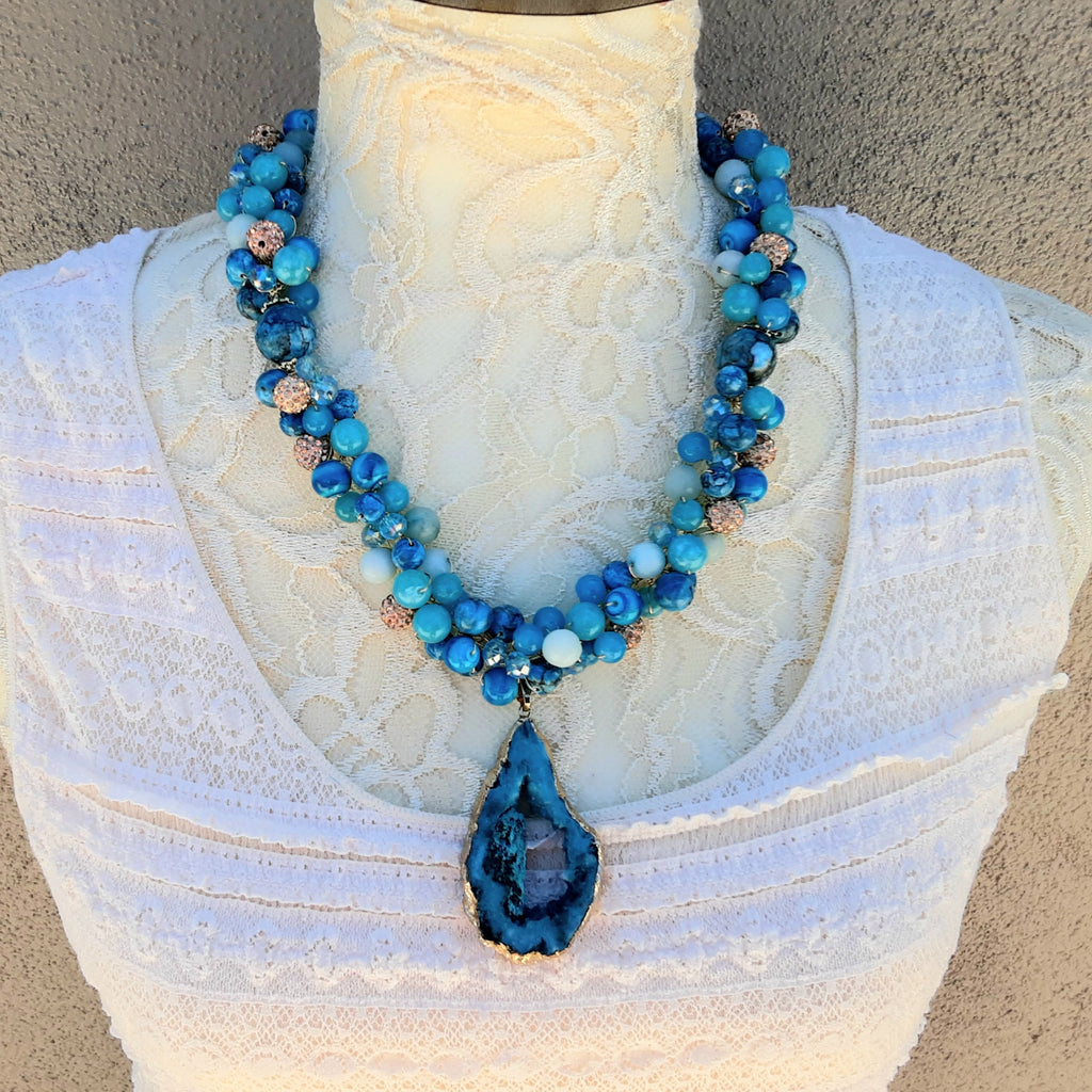 Real Turquoise Gemstone Statement Necklace - Mother of the Bride Cluster Bib - Unique Chunky Gift for Her