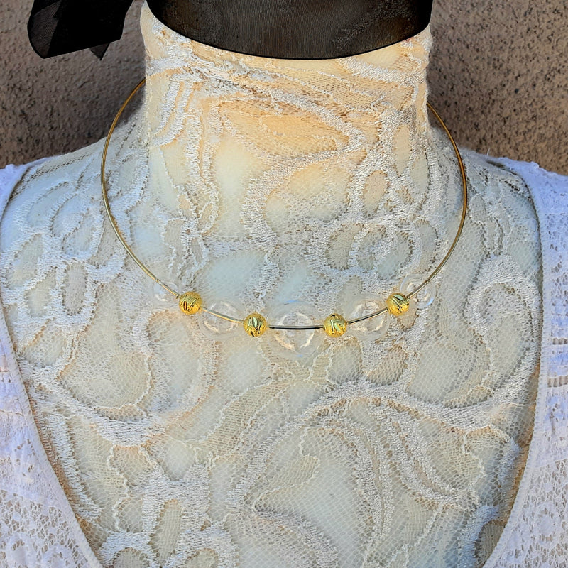 Clear Hand Blown Glass Wire Bridal Choker in Plated Gold - Unique Modern Bubble Gift for Her