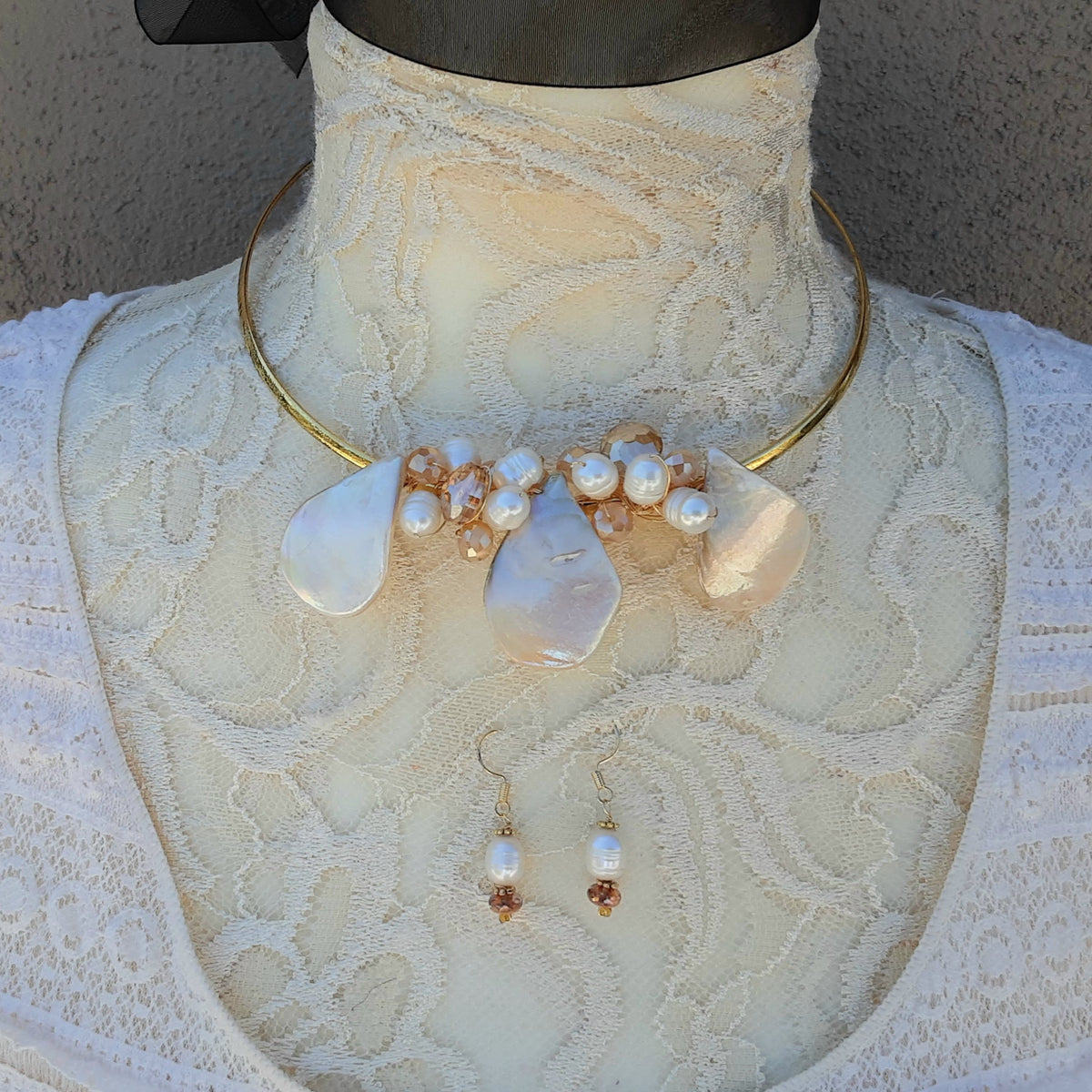 Freshwater Pearl, Crystal and Shell Statement Wire Choker Set - Unique Bridal Beaded Necklace