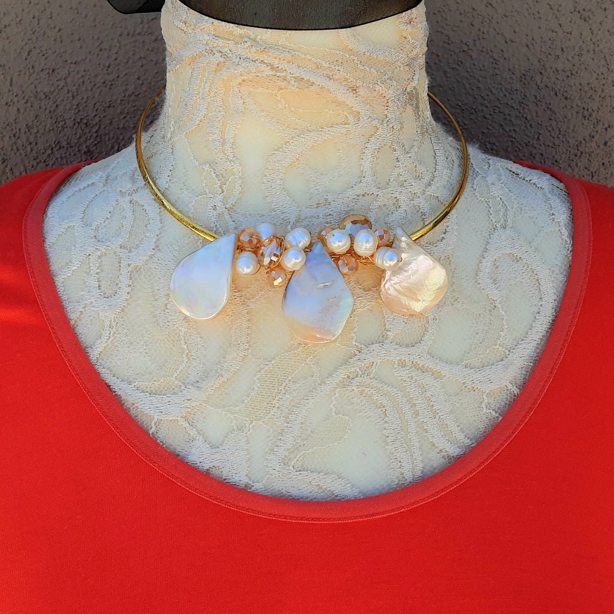 Freshwater Pearl, Crystal and Shell Statement Wire Choker Set - Unique Bridal Beaded Necklace