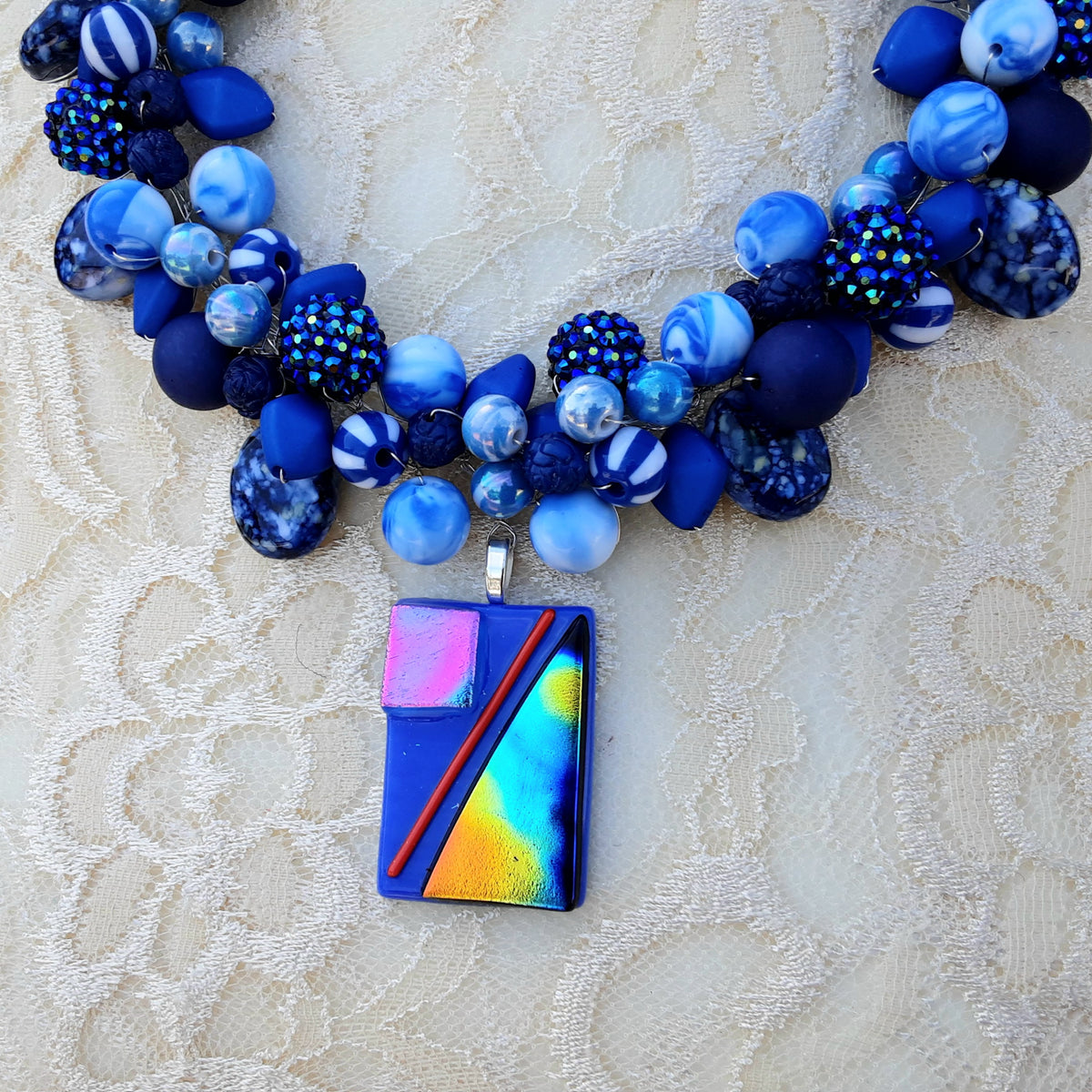 Beaded Multi Strand Statement Necklace with Fused Glass Pendant - Colorful Chunky Gift for Her - Mother of the Bride Bib