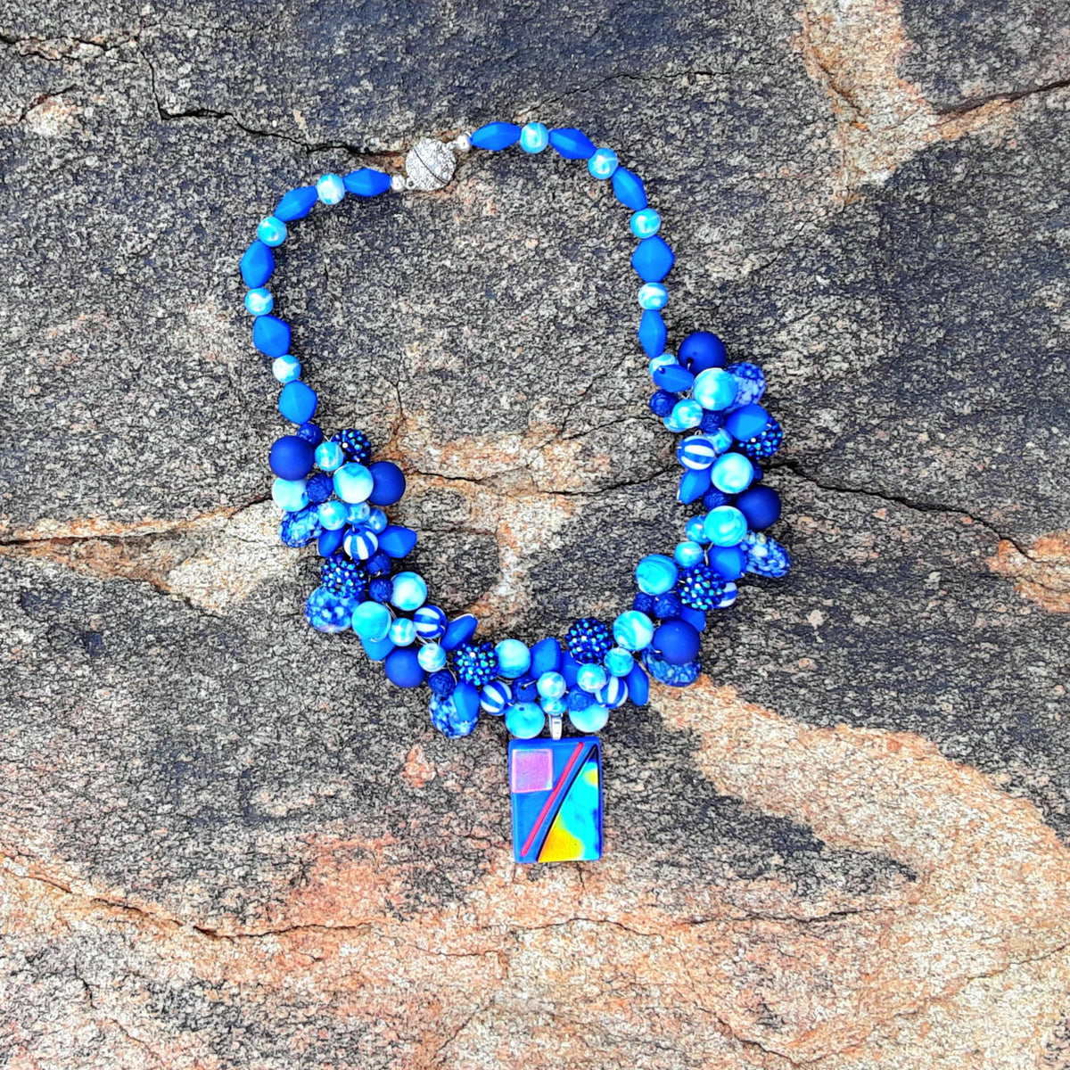 Beaded Multi Strand Statement Necklace with Fused Glass Pendant - Colorful Chunky Gift for Her - Mother of the Bride Bib
