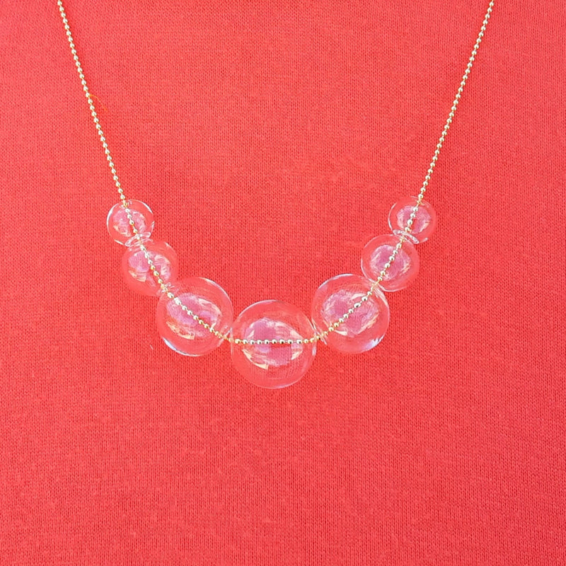 Modern Hand Blown Clear Glass Bubble Necklace on Gold Plated Ball Chain, Minimalist Jewelry