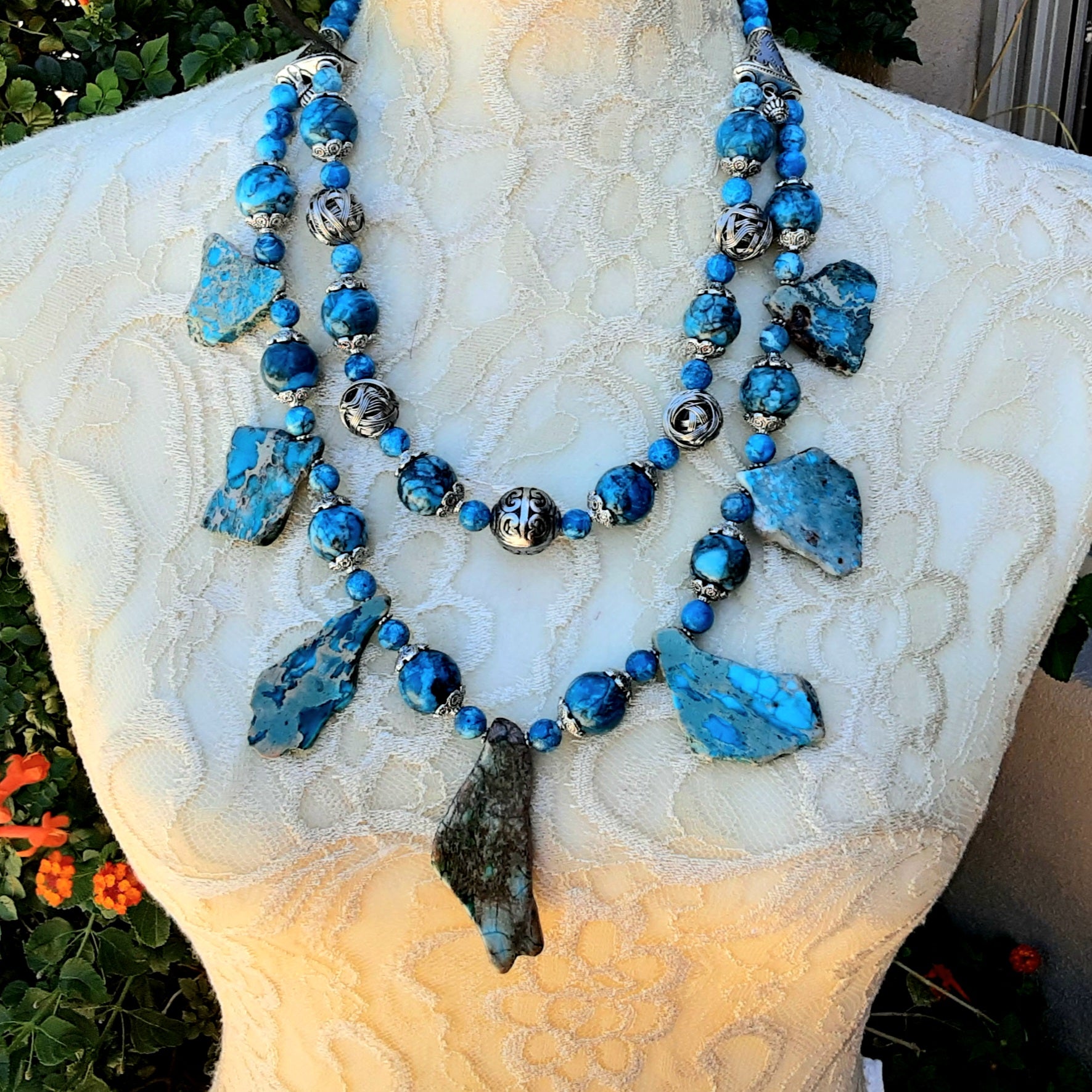 Turquoise and Mahogany Modified Bib Necklace | ArtFestival.com
