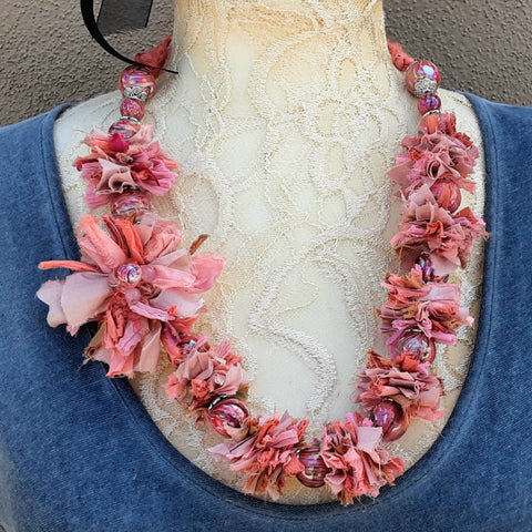 Pink Sari Ribbon Flower Statement Necklace - Unique Silk Fabric Lei Collar - Colorful Gift for Her