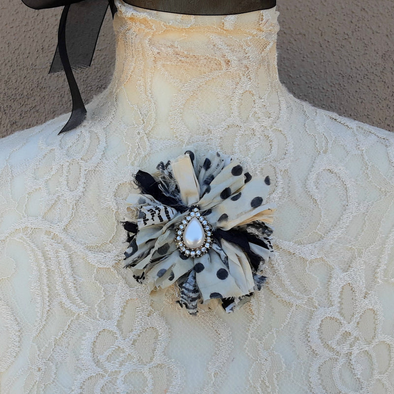 Black & White Fuzzy Sari Silk Ribbon Flower Brooch with Earrings - Large Fabric Floral Pin - Vintage Textile Art Corsage