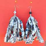 Black and White Sari Silk Ribbon Huge Boho Tassel Statement Earrings