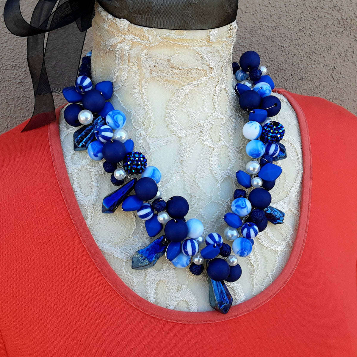 Chunky Cluster Statement Necklace - Colorful Blue & White Collar - Unique Twisted Wire Gift for Her