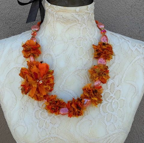 Orange Sari Ribbon Flower Statement Necklace - Unique Silk Fabric Lei Collar - Colorful Gift for Her