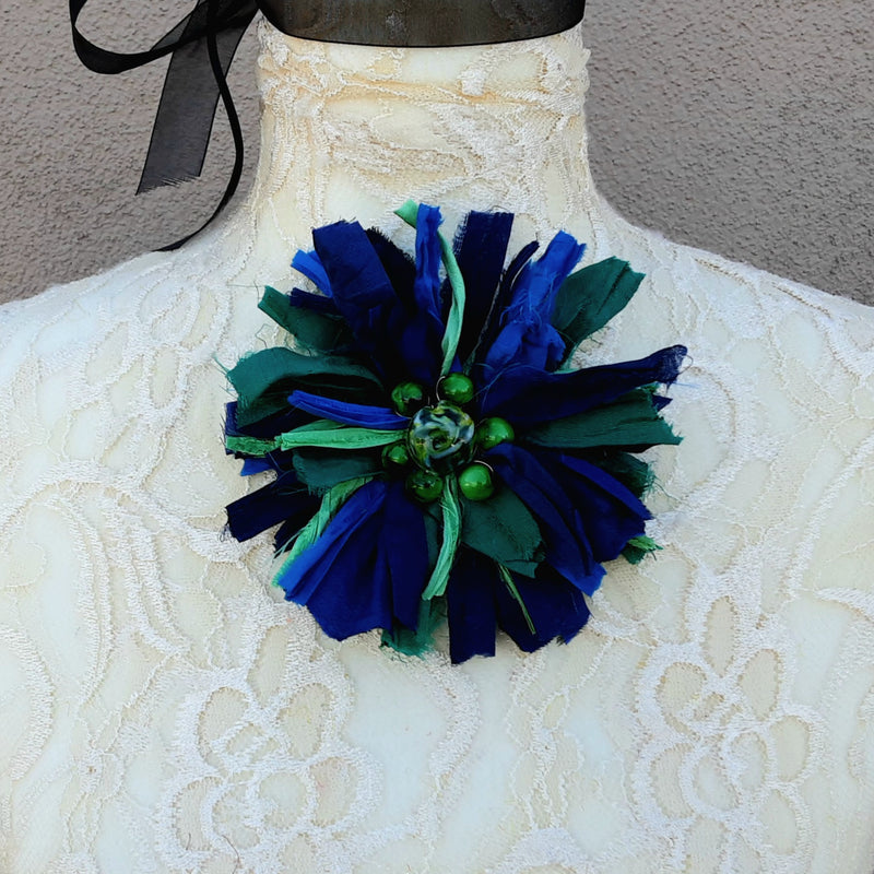Fuzzy Sari Silk Ribbon Flower Brooch with Earrings - Large Blue & Green Fabric Floral Pin - Vintage Textile Art Corsage