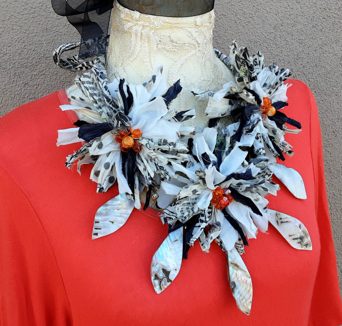Boho Shell Black & White Sari Silk Flower Statement Necklace - Unique Gypsy Style Gift for Her